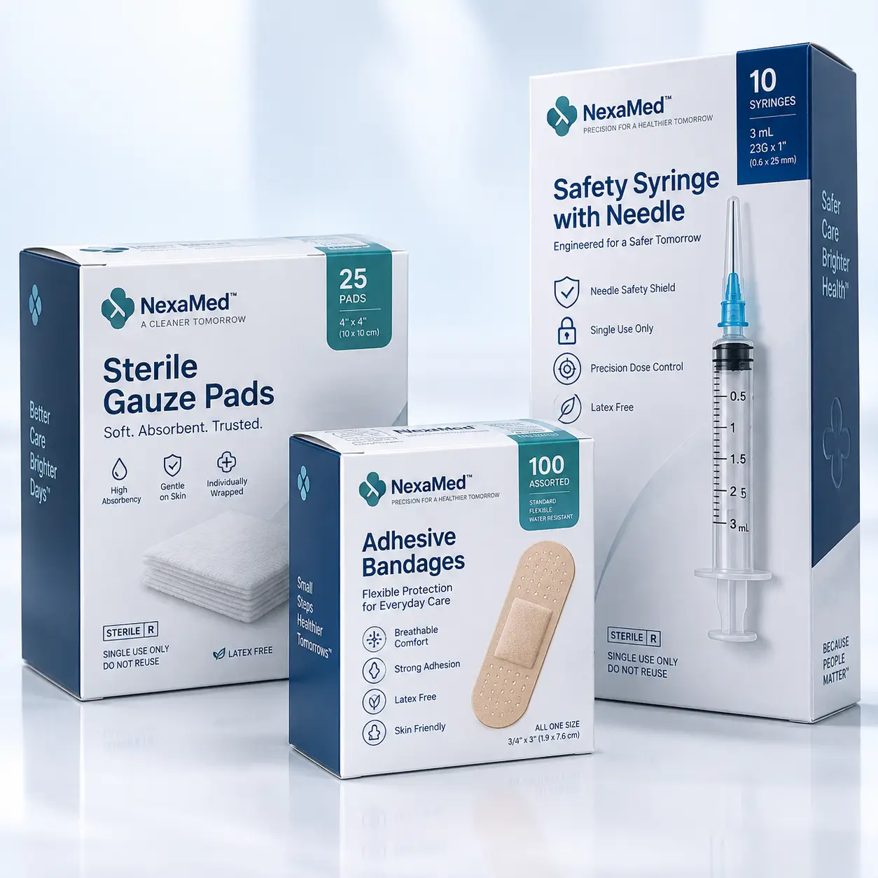 NexaMed medical packaging set featuring white-navy sterile gauze pads, adhesive bandages box, and safety syringe on light background