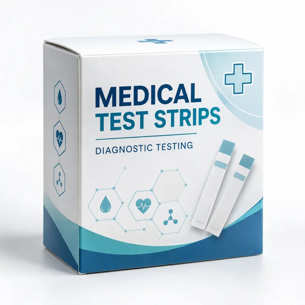 White medical test strips diagnostic box with blue cross logo, hexagon icons, and teal wave design for custom packaging