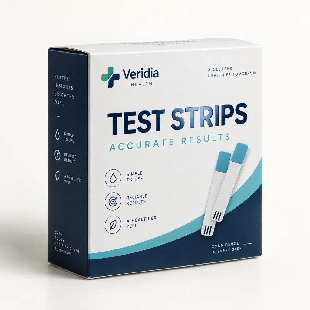 Veridia Health white and navy blue test strips box with teal accents, accurate results medical diagnostic packaging design