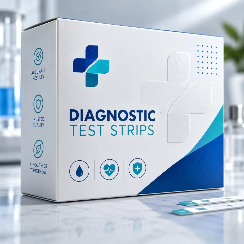 White diagnostic test strips box with blue cross logo, teal accents, lab background, accurate results medical packaging design