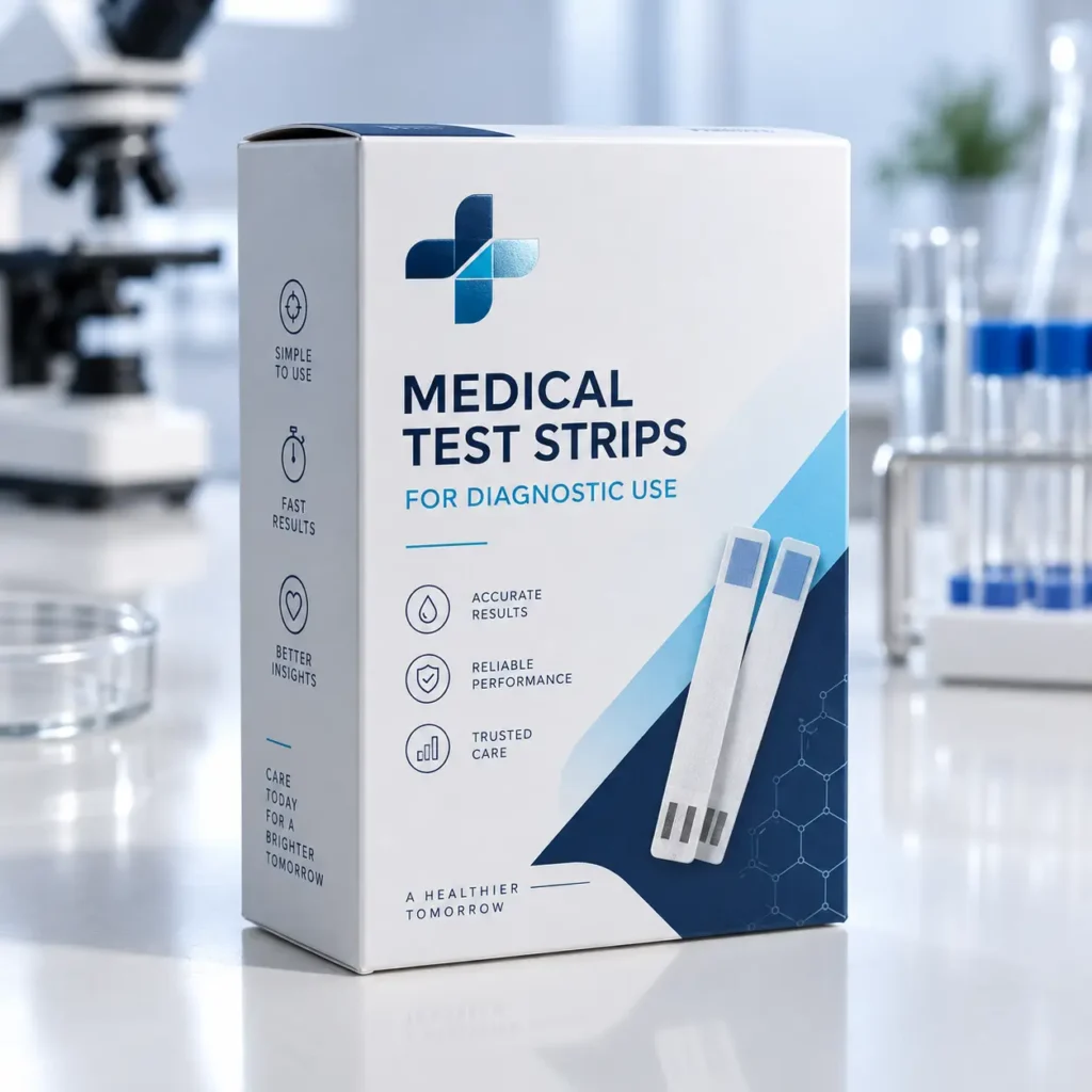 White medical test strips diagnostic packaging box with blue cross logo in modern lab setting, accurate reliable healthcare product