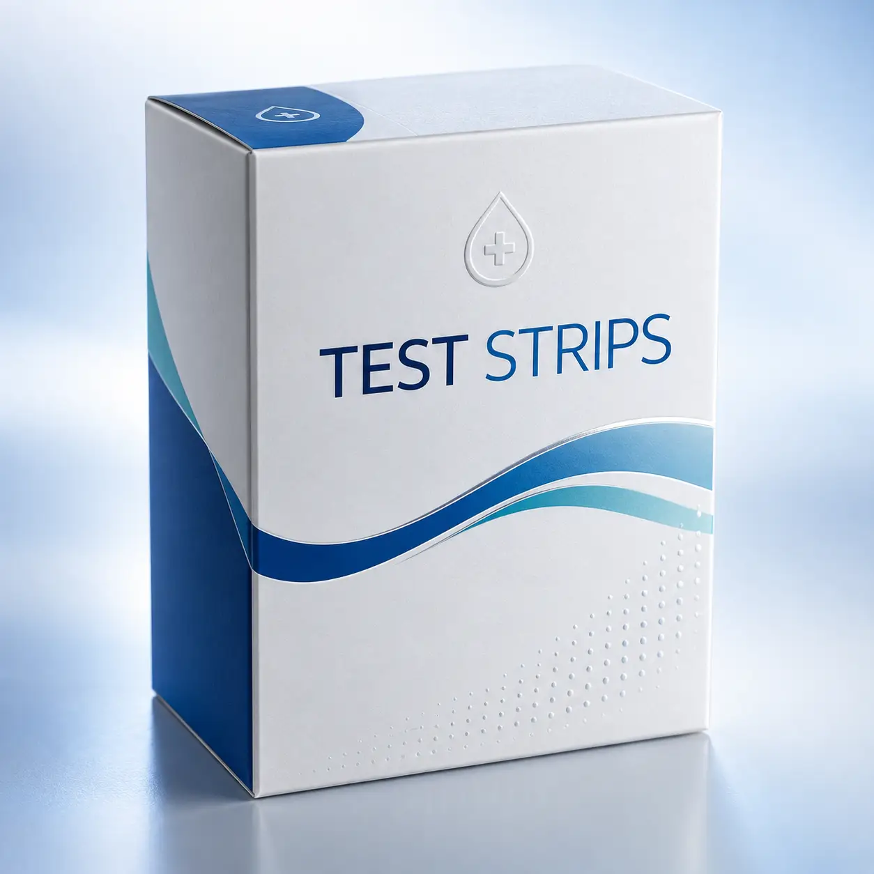 White and blue medical test strips packaging box with wave design and water drop logo on light blue background