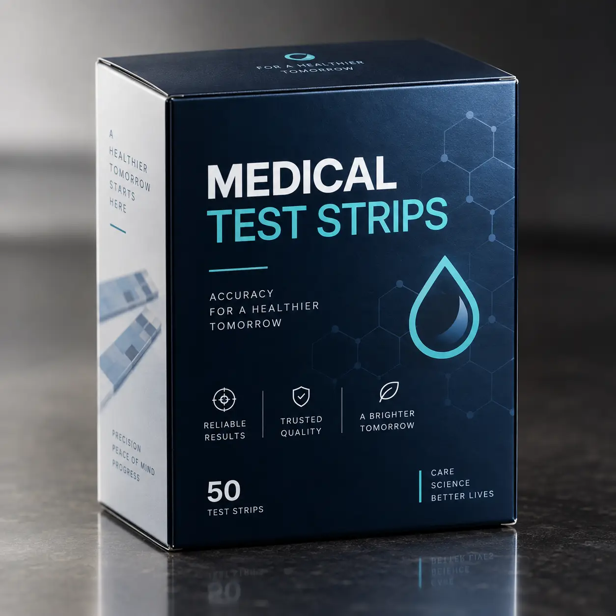 Navy blue medical test strips box, 50 count, hexagon design, teal accents, professional product packaging on dark surface