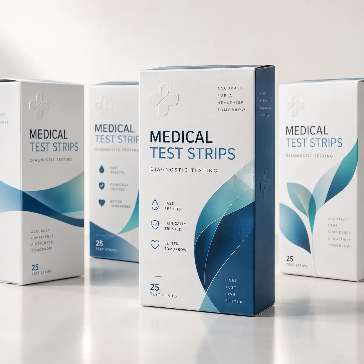 White and navy blue Medical Test Strips diagnostic packaging boxes displaying 25 test strips, fast results branding, clean clinical design