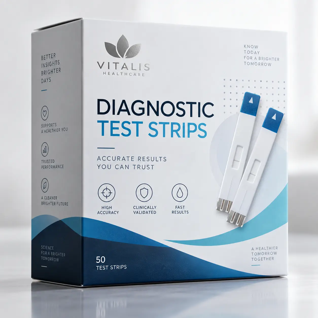 Vitalis Healthcare white diagnostic test strips box, 50 count, blue wave design, clinically validated, high accuracy medical packaging