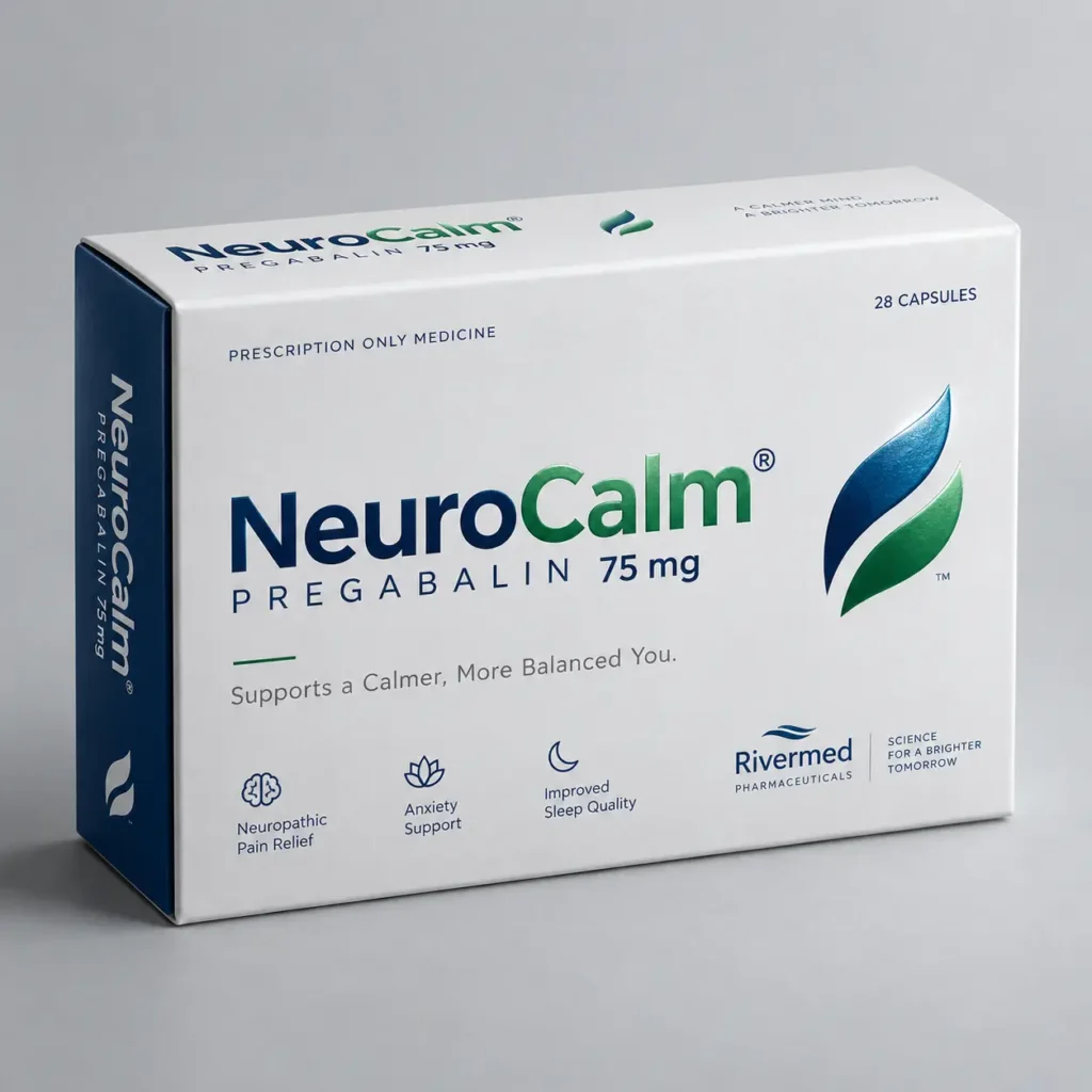 NeuroCalm Pregabalin 75mg prescription medicine box, white navy blue packaging, 28 capsules, Rivermed Pharmaceuticals product design