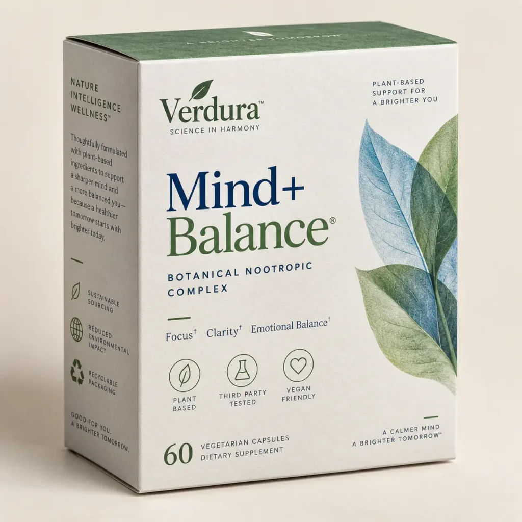 Verdura Mind+ Balance botanical nootropic supplement box, white green packaging, 60 vegan capsules, plant-based focus clarity
