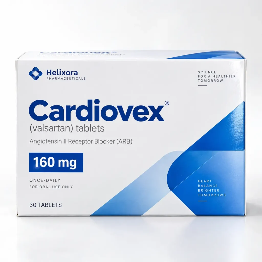 White and blue Cardiovex valsartan 160mg pharmaceutical box by Helixora, ARB heart medication packaging design, 30 tablets