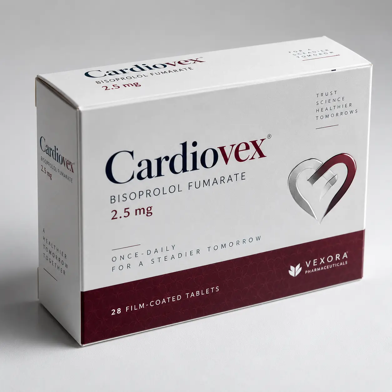 White Cardiovex bisoprolol fumarate 2.5mg pharmaceutical box by Vexora, maroon base, heart logo, 28 film-coated tablets packaging design