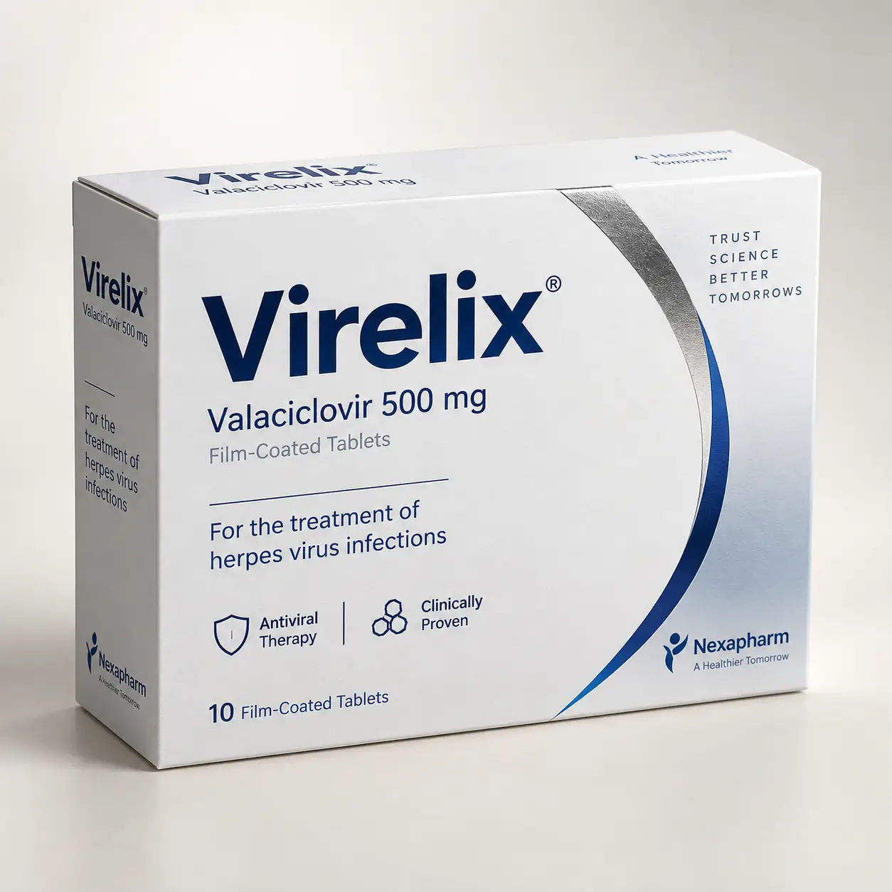 White Virelix Valaciclovir 500mg pharmaceutical box by Nexapharm, navy blue branding, herpes antiviral medication packaging design