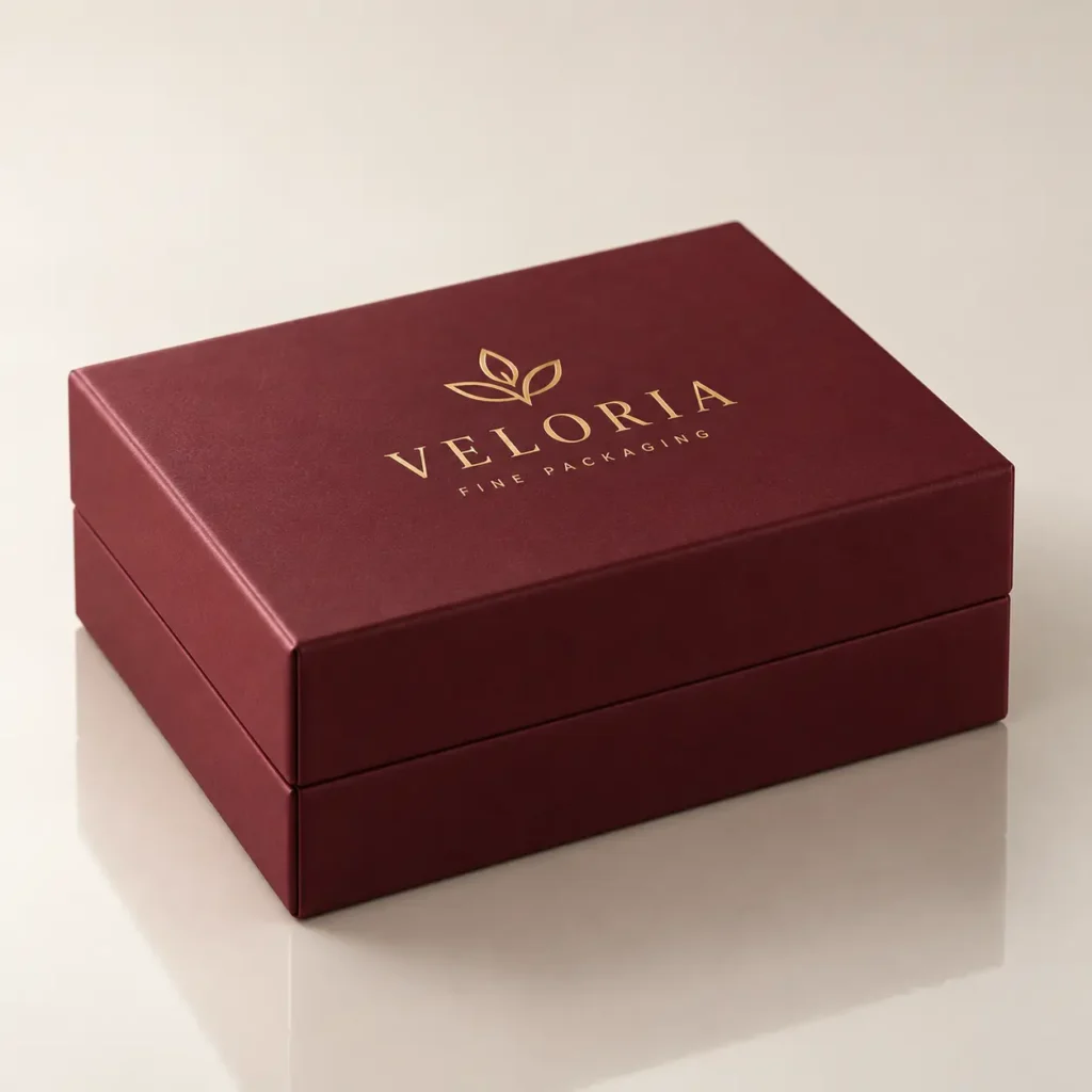 Luxury deep red rigid gift box with gold foil Veloria Fine Packaging logo on cream background, premium custom packaging