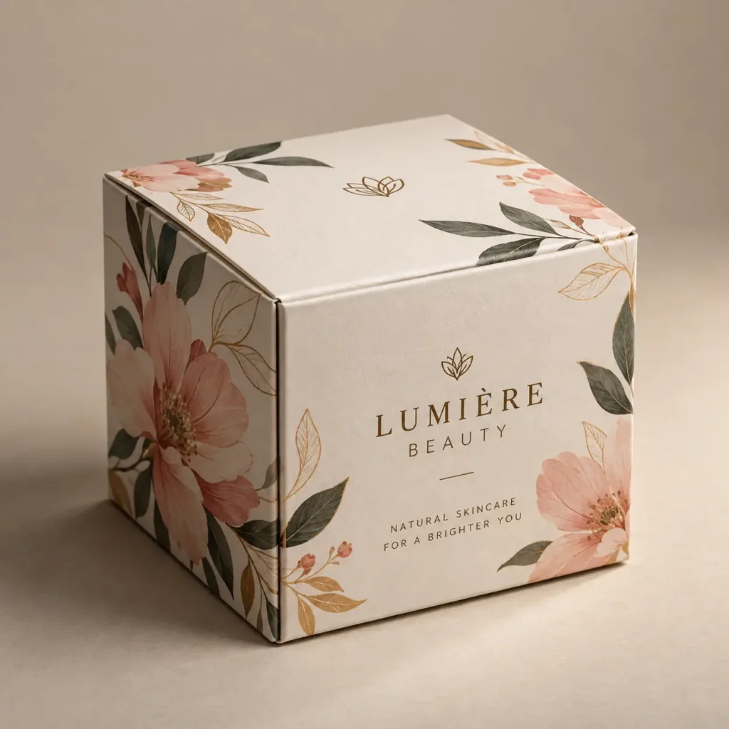 Lumière Beauty luxury skincare box with pink floral botanical print, gold foil branding, natural cream packaging design