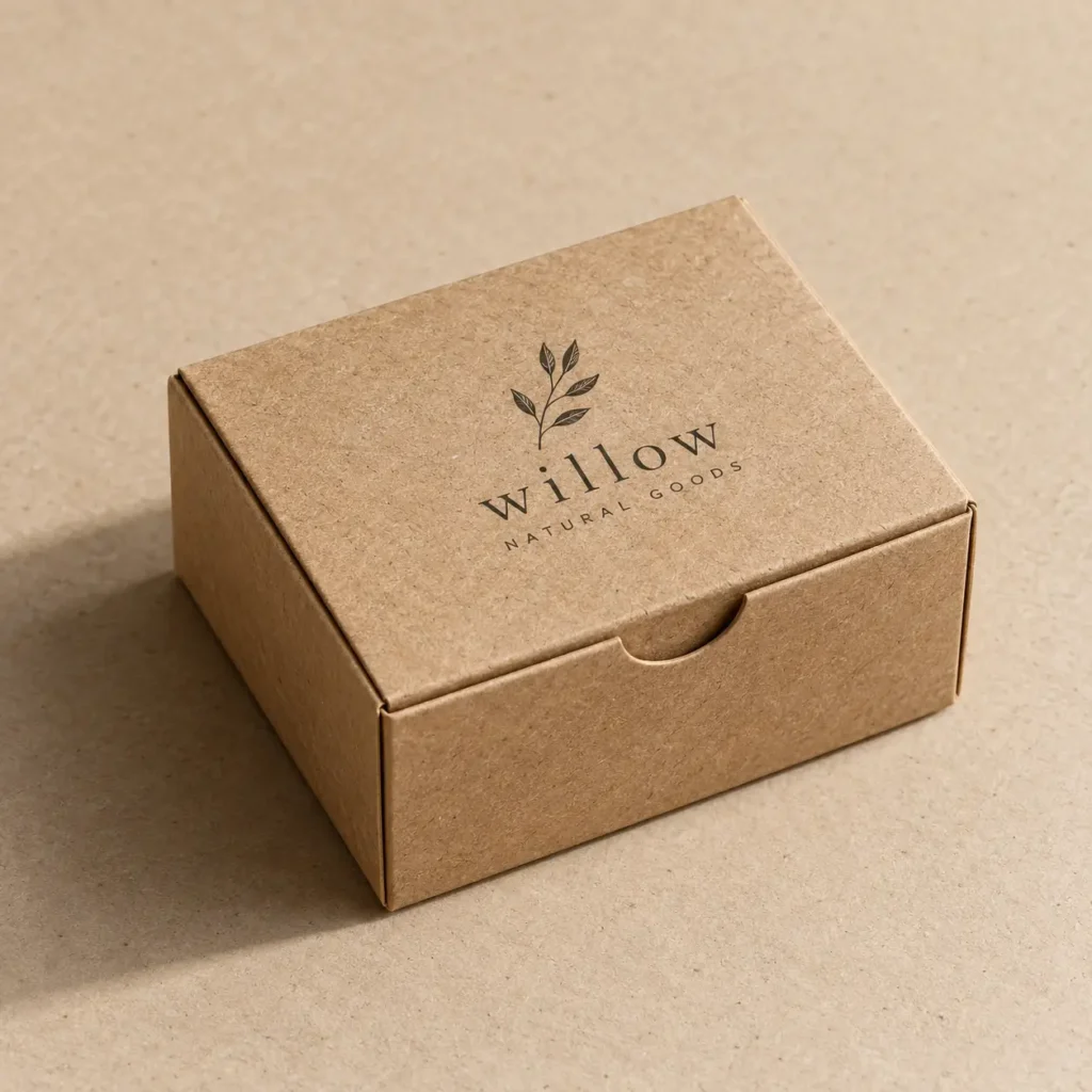 Kraft brown eco-friendly small product box printed with Willow Natural Goods botanical logo, minimalist sustainable packaging design