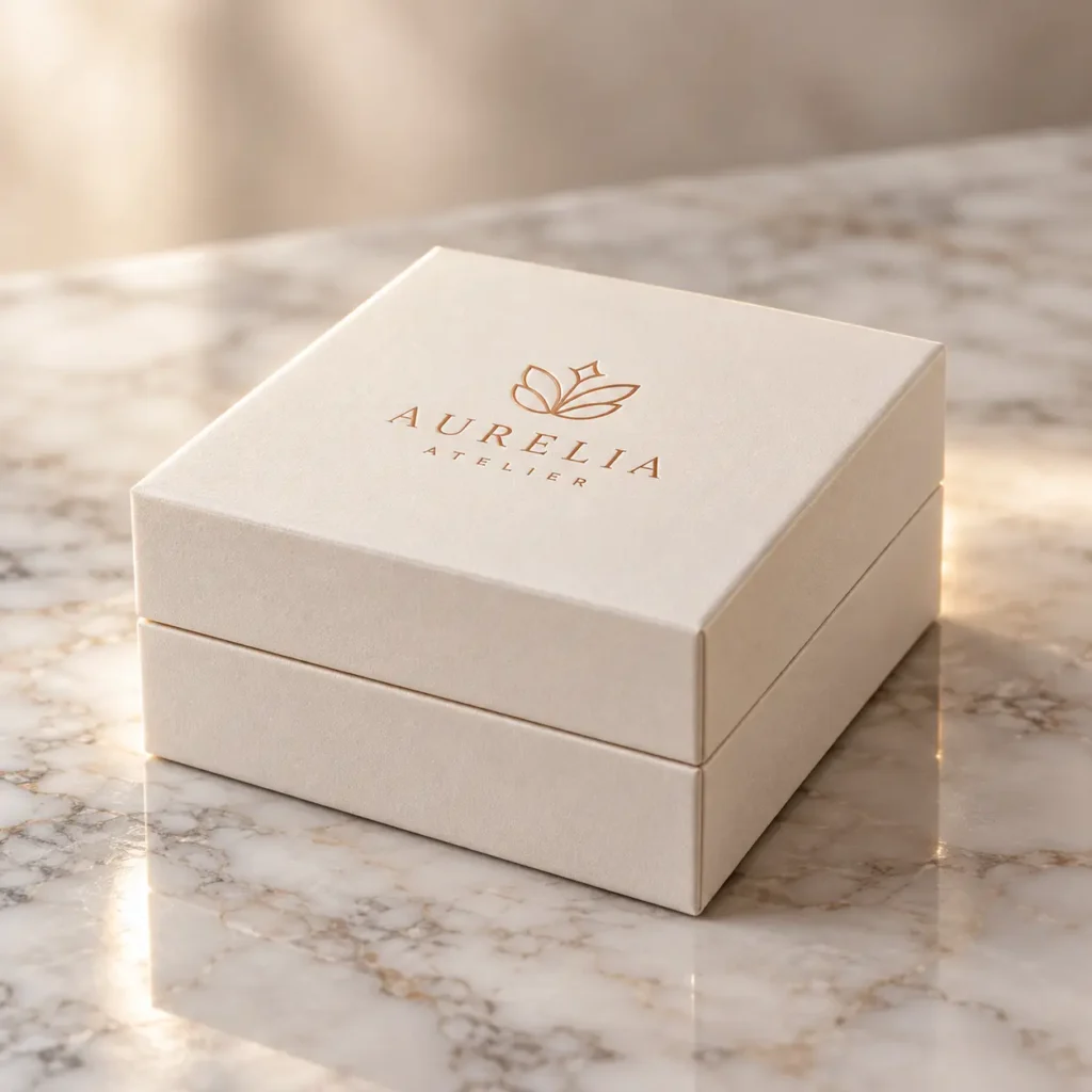 Luxury cream jewelry box with gold Aurelia Atelier logo on marble surface, elegant custom packaging design