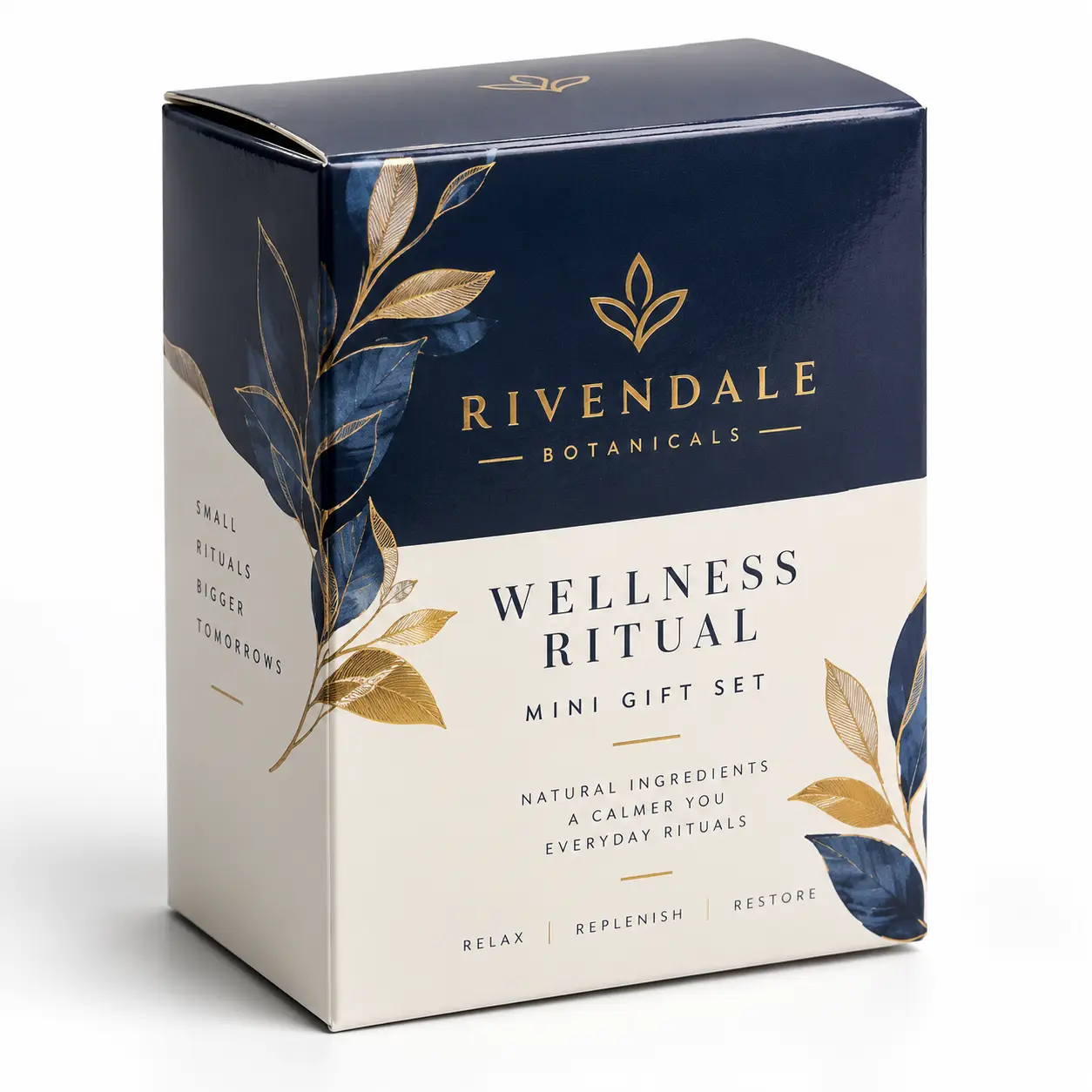 Rivendale Botanicals Wellness Ritual Mini Gift Set navy blue gold luxury packaging box with botanical leaf design