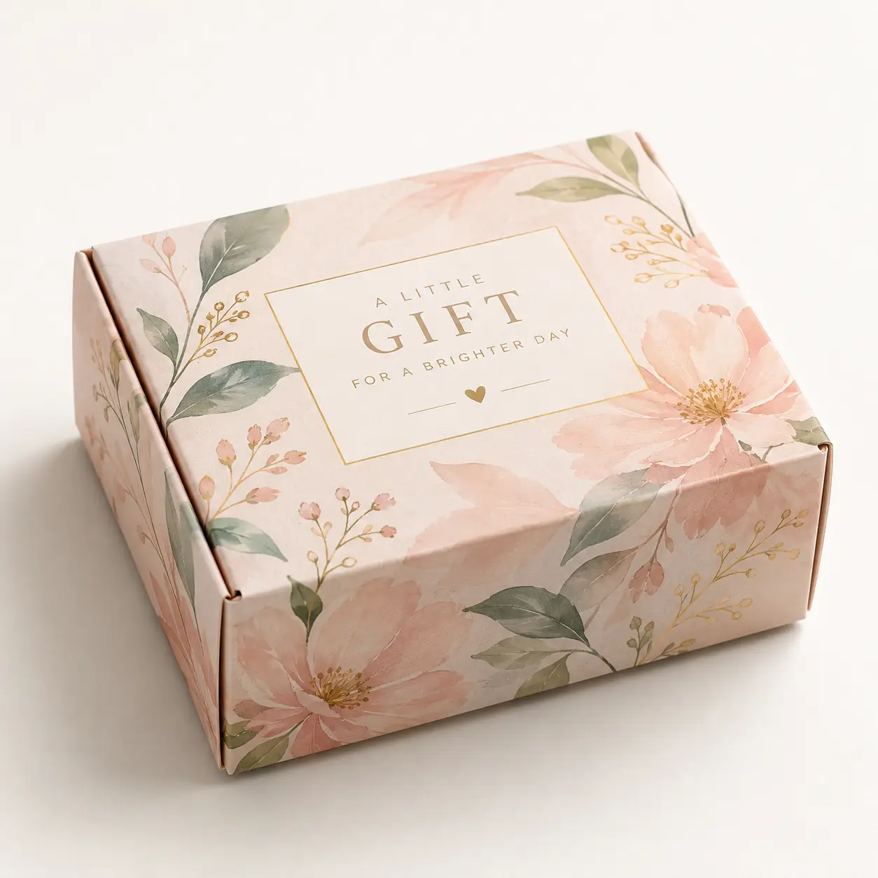 Blush pink floral gift box with gold text A Little Gift For A Brighter Day, elegant custom packaging by The Packaging Masters