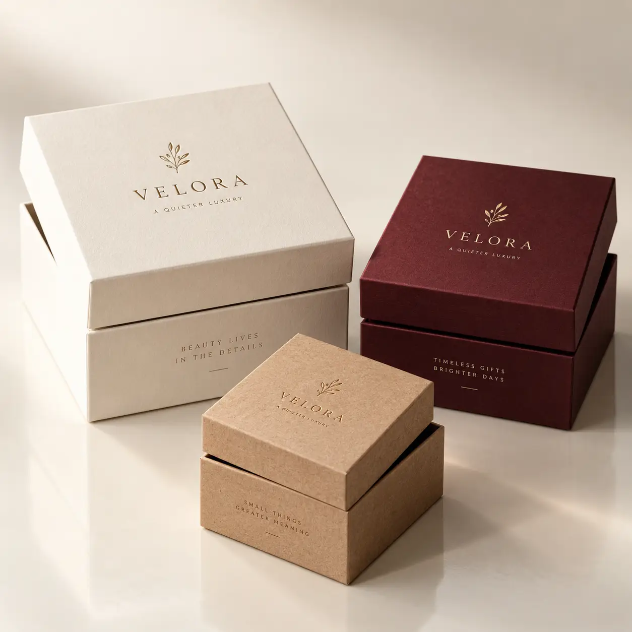 Three Velora luxury gift boxes in cream, burgundy, and kraft brown with gold foil branding on neutral background