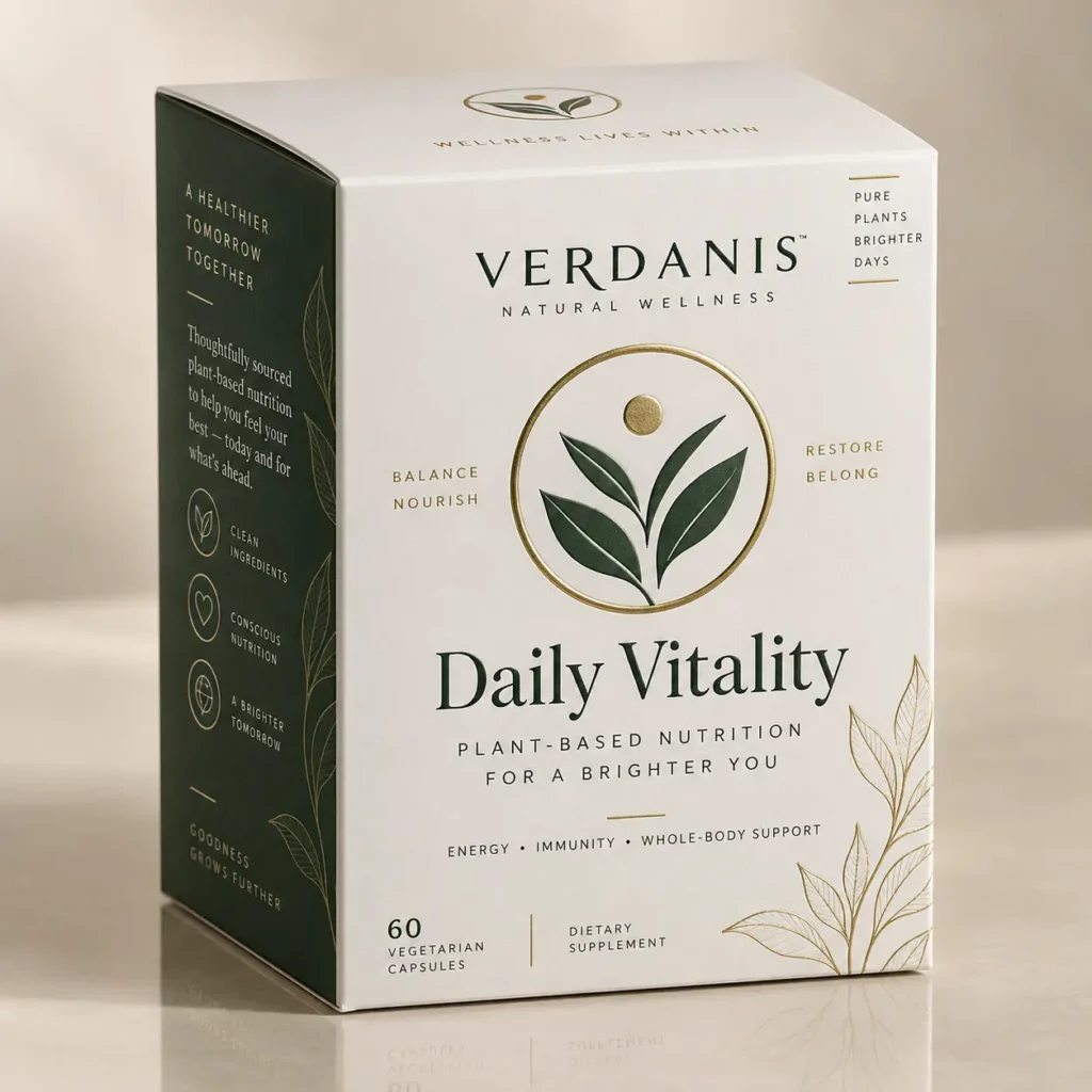 Verdanis Natural Wellness Daily Vitality supplement box, white and gold packaging with green botanical logo, 60 vegetarian capsules
