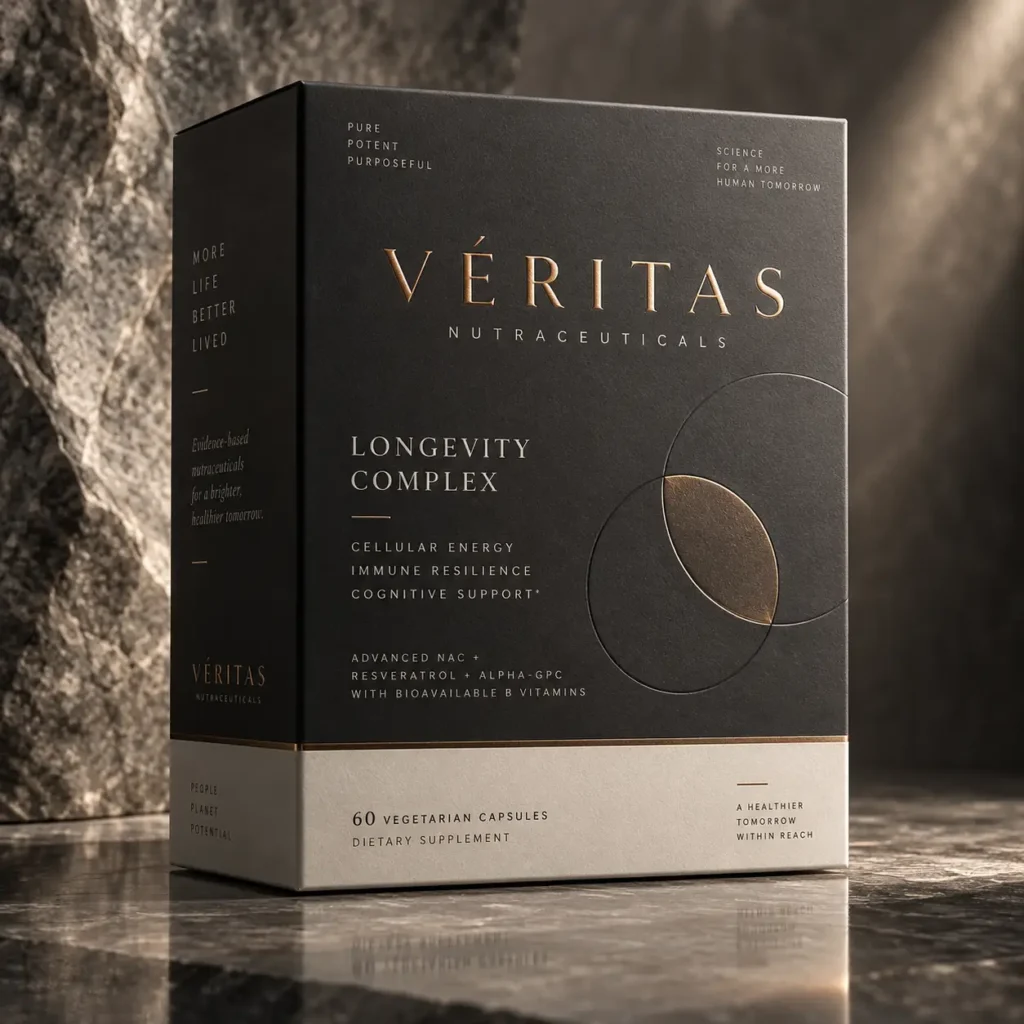Véritas Nutraceuticals Longevity Complex luxury supplement box in matte black and gold on marble surface