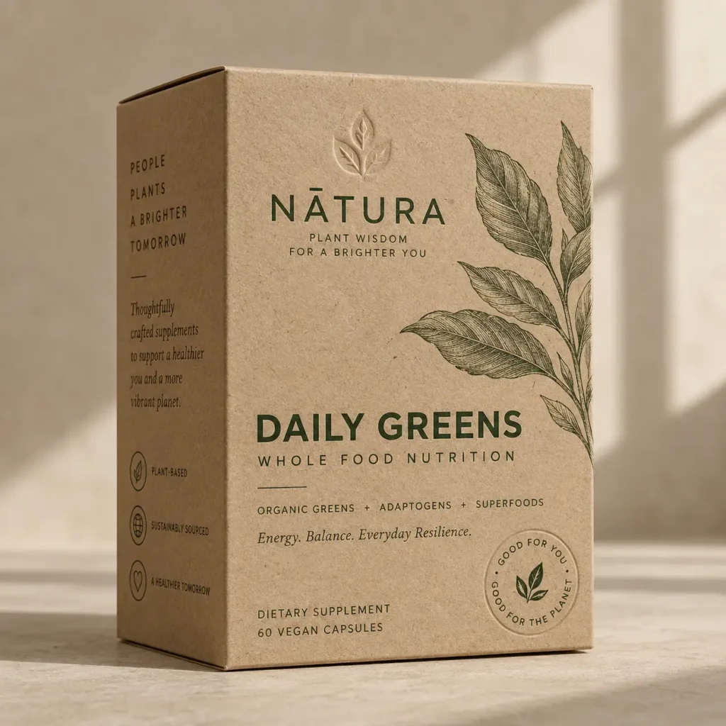 Natura Daily Greens supplement box, kraft brown eco packaging, botanical leaf illustration, vegan capsules, natural wellness branding