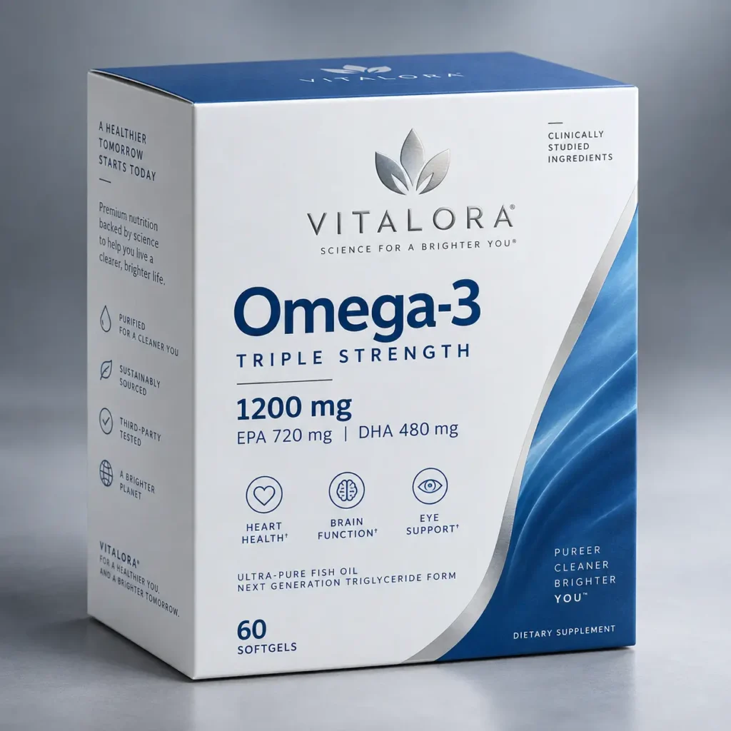 Vitalora Omega-3 Triple Strength 1200mg supplement box, white and navy blue product packaging design, 60 softgels dietary supplement