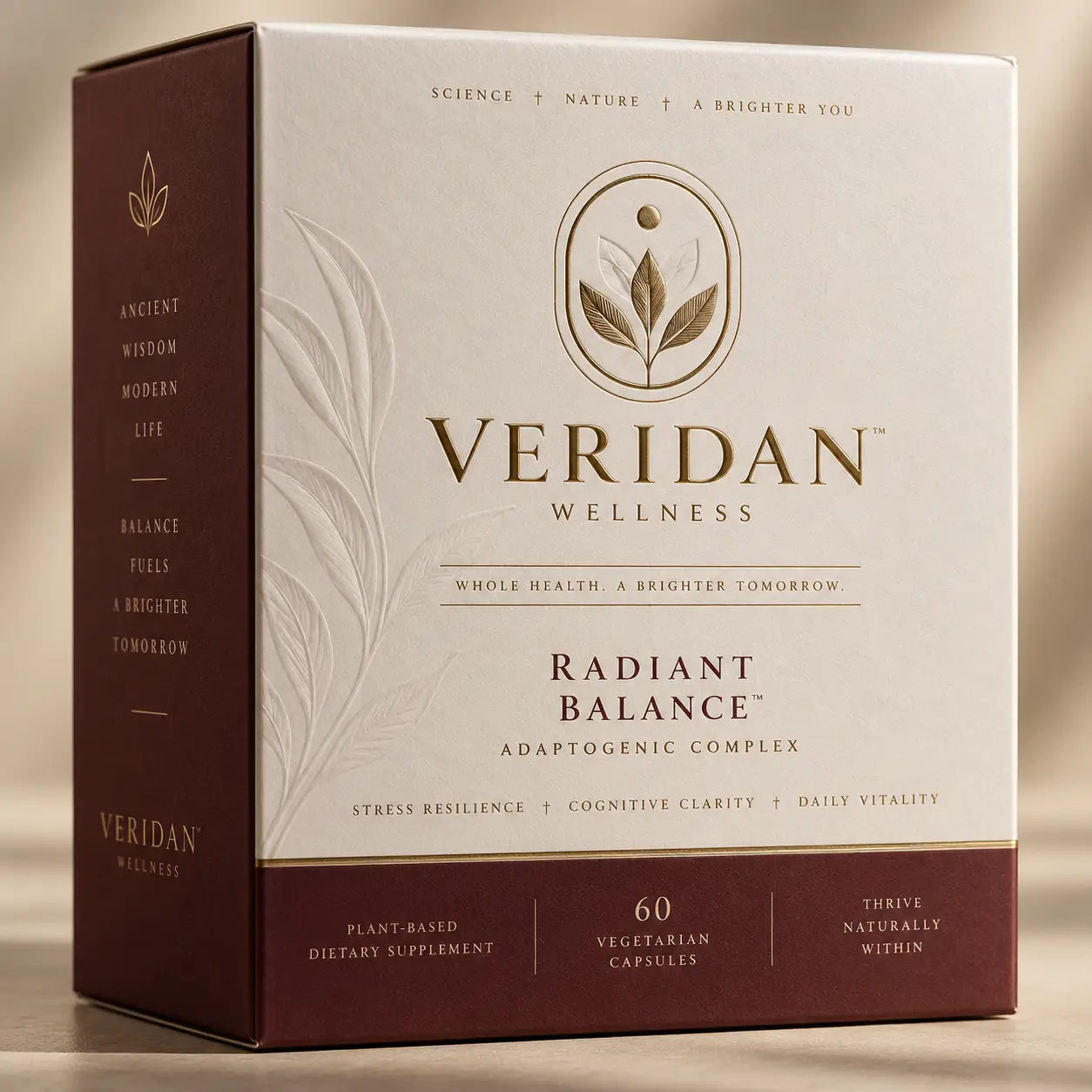 Veridan Wellness Radiant Balance adaptogenic supplement box, cream and burgundy luxury packaging, 60 vegetarian capsules, plant-based