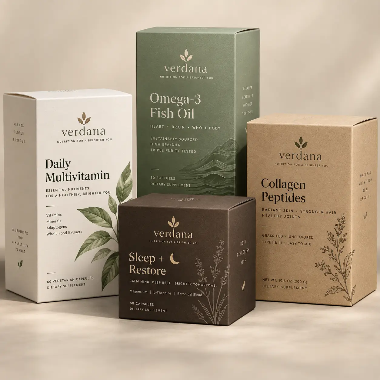 Four Verdana supplement boxes—white multivitamin, green omega-3, dark brown sleep, kraft collagen—elegant natural product packaging design