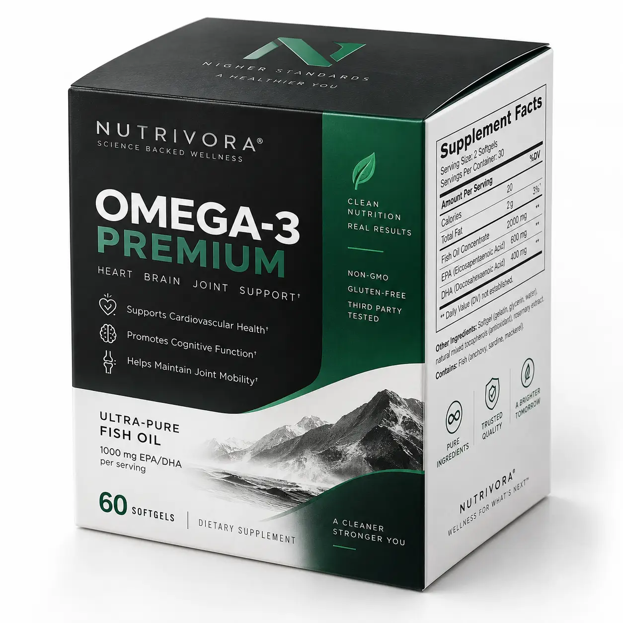 Nutrivora Omega-3 Premium fish oil supplement box, black and green packaging, 60 softgels, 1000mg EPA/DHA, mountain design