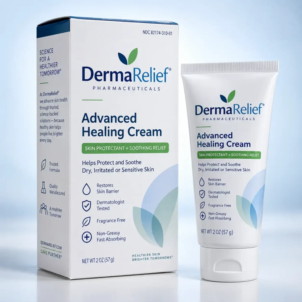 DermaRelief Advanced Healing Cream 2oz white tube and box packaging design with navy green branding on light blue background