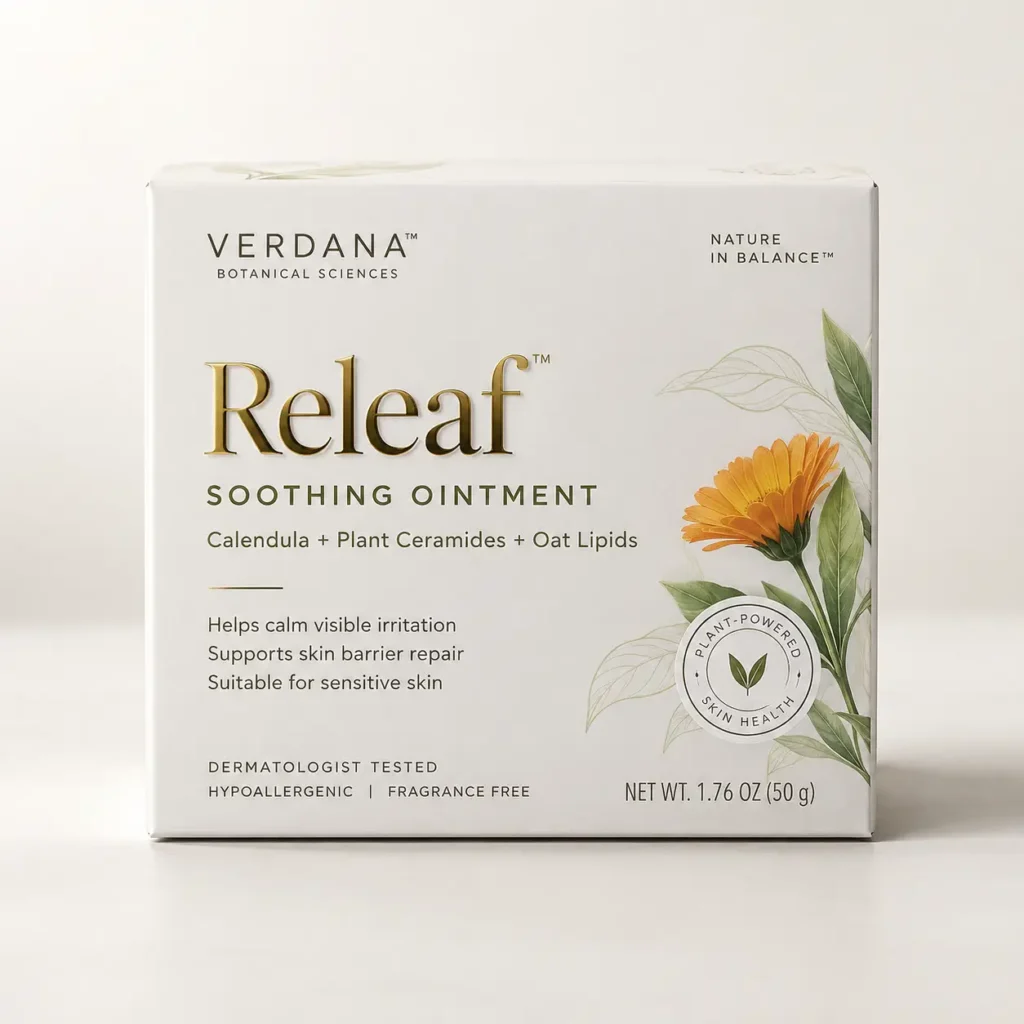 Verdana Releaf Soothing Ointment white box with gold text, calendula flower, plant ceramides, 50g skincare packaging design