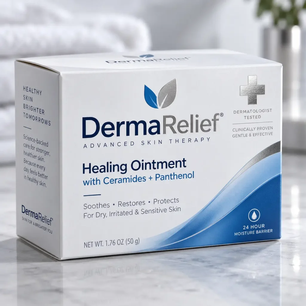 DermaRelief Healing Ointment box with ceramides and panthenol, white and blue packaging on marble surface, dermatologist tested
