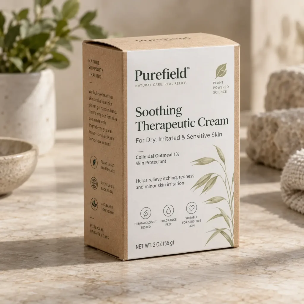 Purefield Soothing Therapeutic Cream box, kraft and white eco packaging, colloidal oatmeal skincare, neutral spa setting