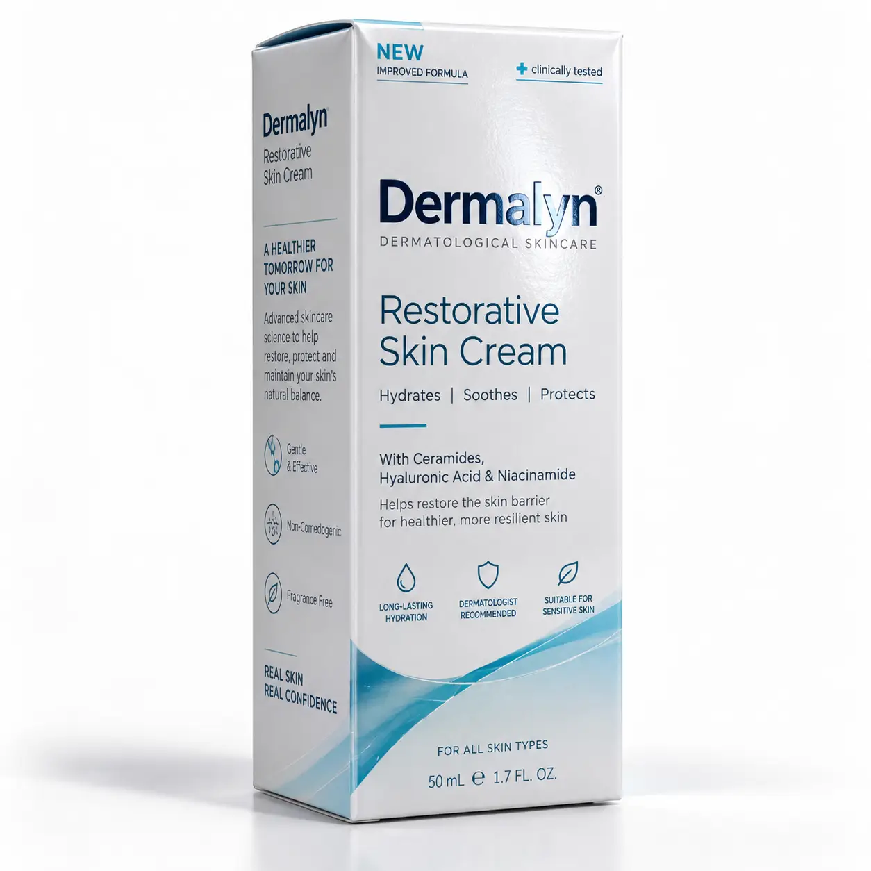 Dermalyn Restorative Skin Cream 50ml white box with blue accents featuring ceramides, hyaluronic acid and niacinamide skincare packaging