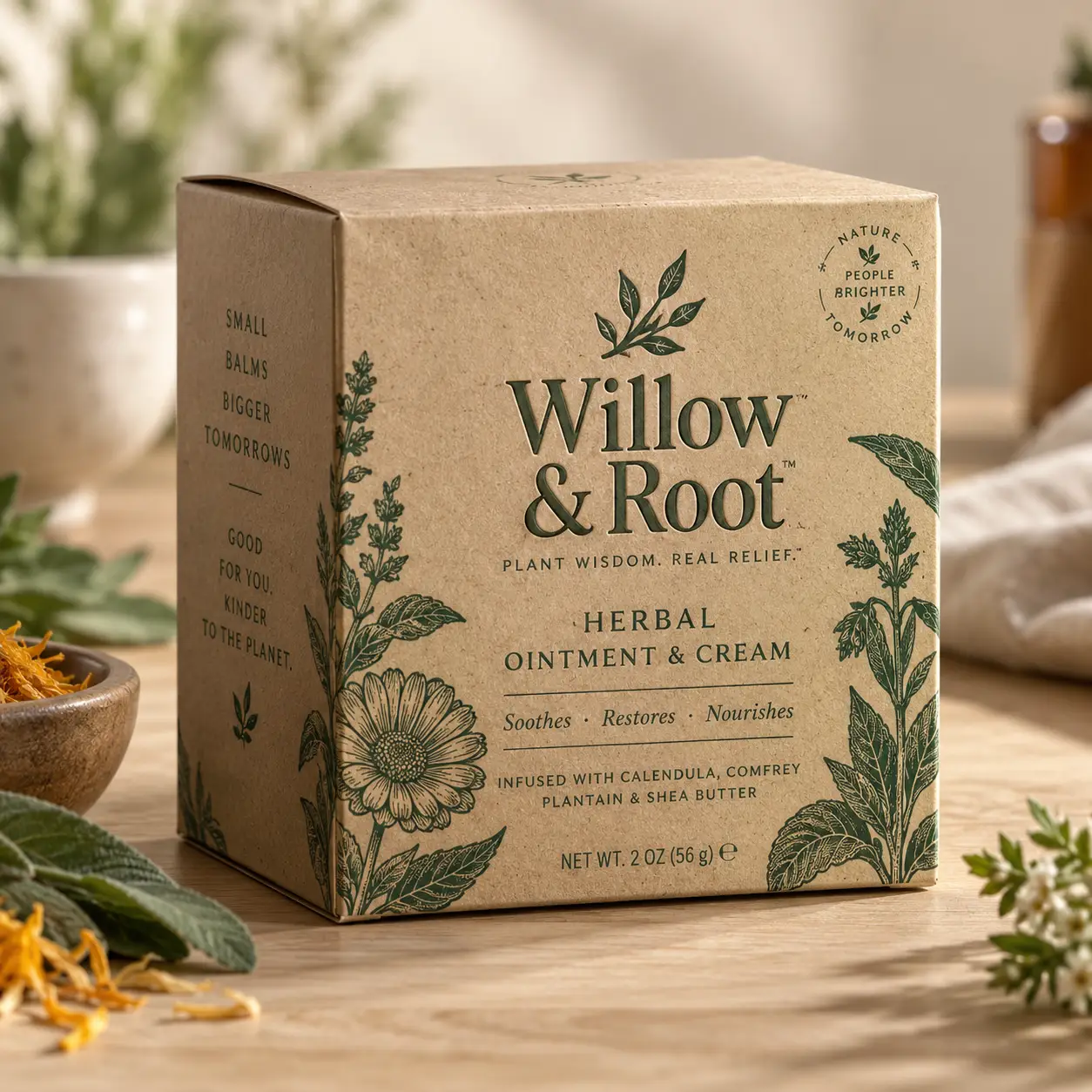 Willow & Root herbal ointment cream kraft box with green botanical illustrations, calendula flowers, natural wood background