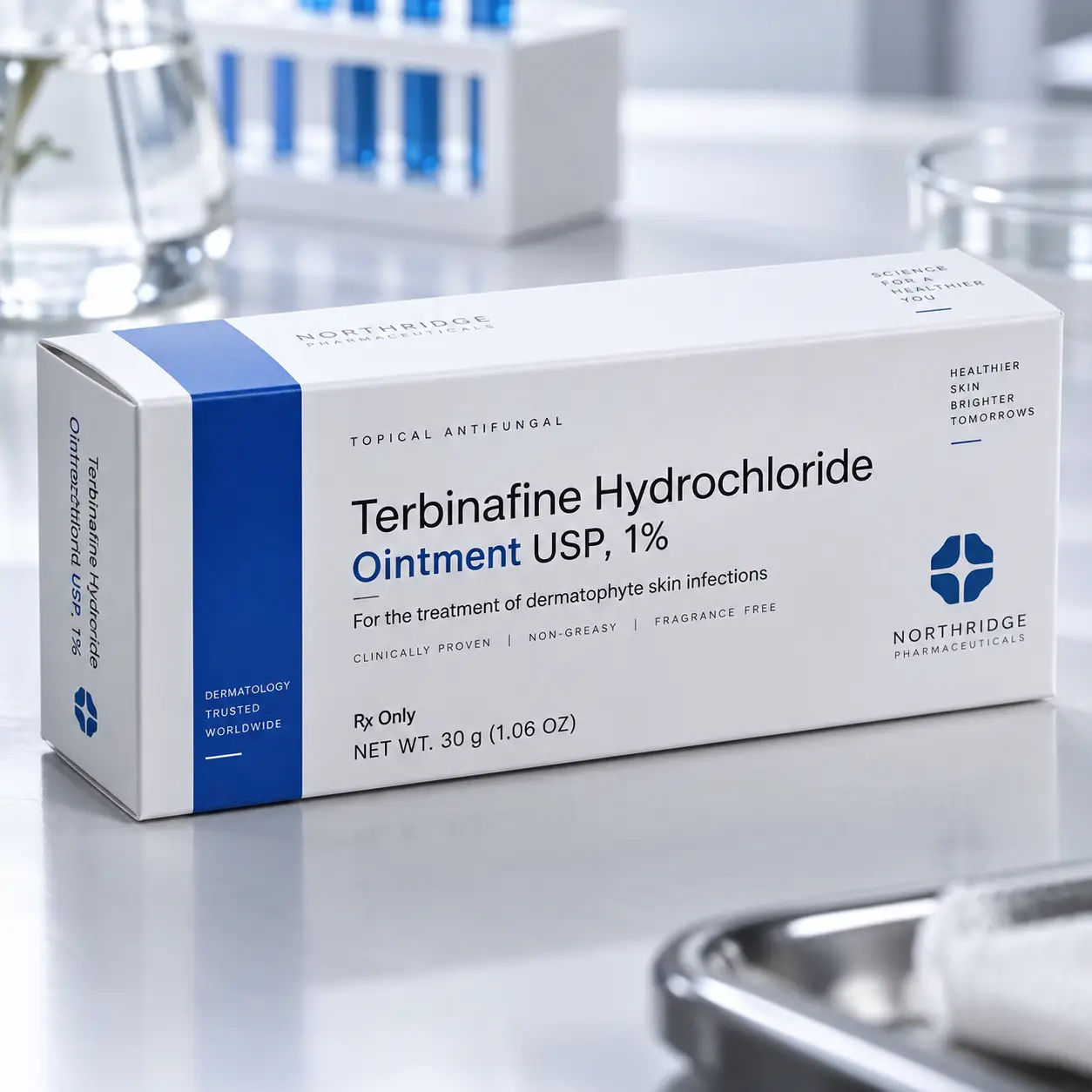 White Terbinafine Hydrochloride 1% antifungal ointment box by Northridge Pharmaceuticals on lab surface, blue accents, clinical setting