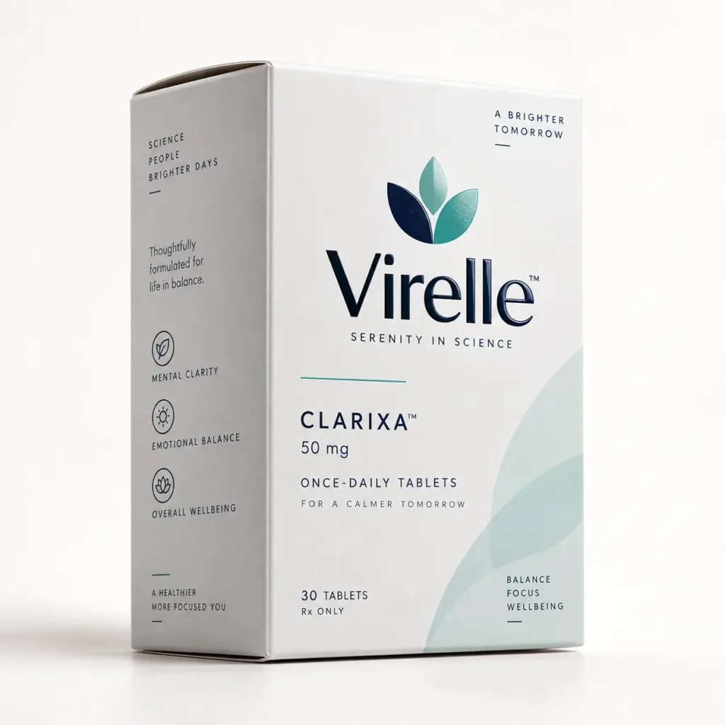 Virelle Clarixa 50mg once-daily prescription tablet box, white minimalist pharmaceutical packaging with teal leaf logo, 30 tablets