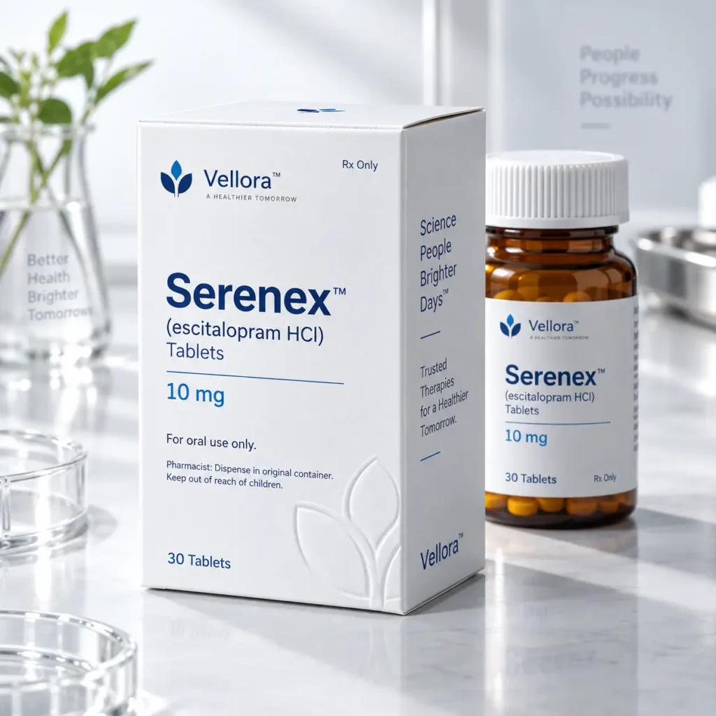 White Serenex escitalopram HCl 10mg pharmaceutical box and amber pill bottle by Vellora in clean lab setting
