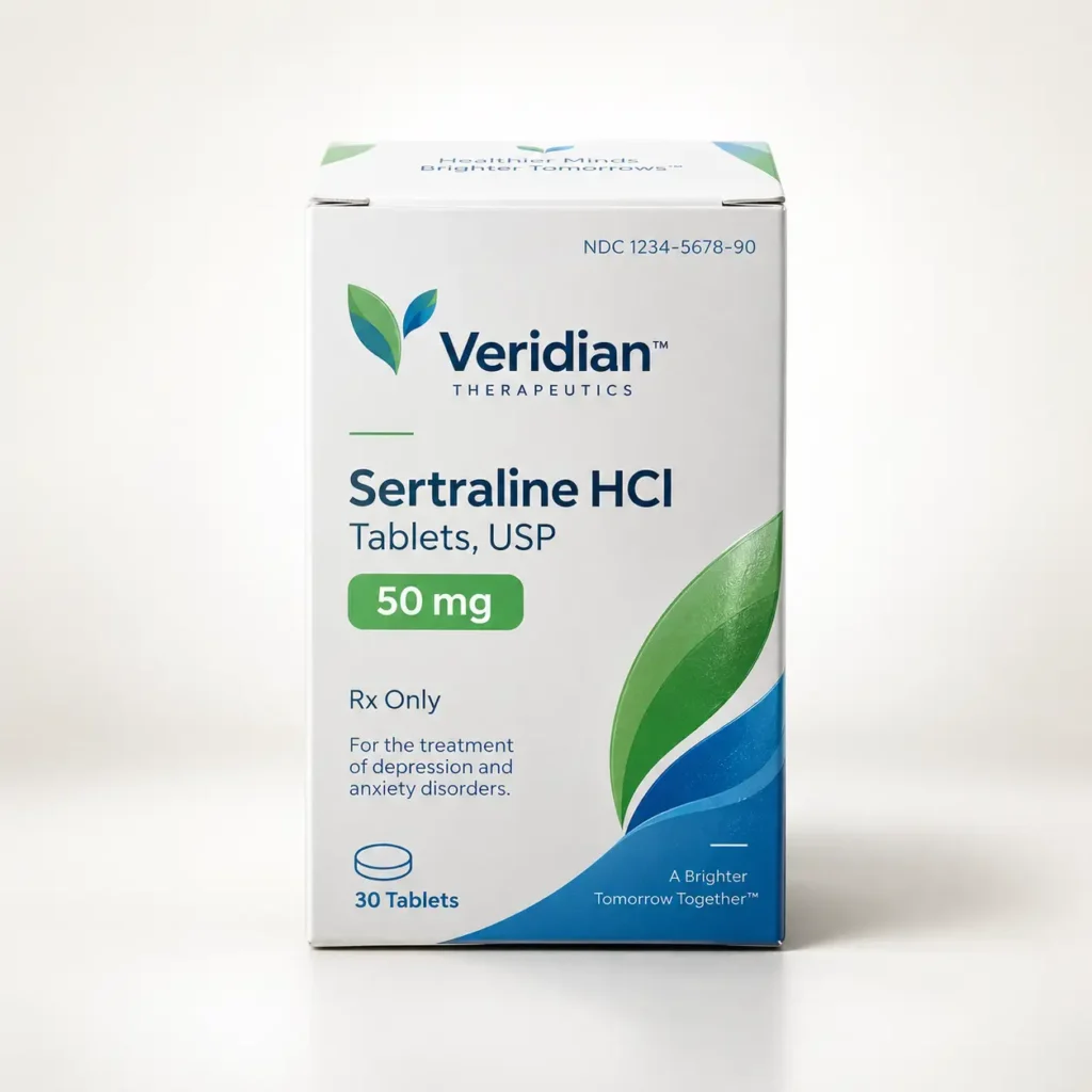 Veridian Therapeutics Sertraline HCl 50mg white medicine box with green leaf logo, 30 tablets, Rx prescription packaging
