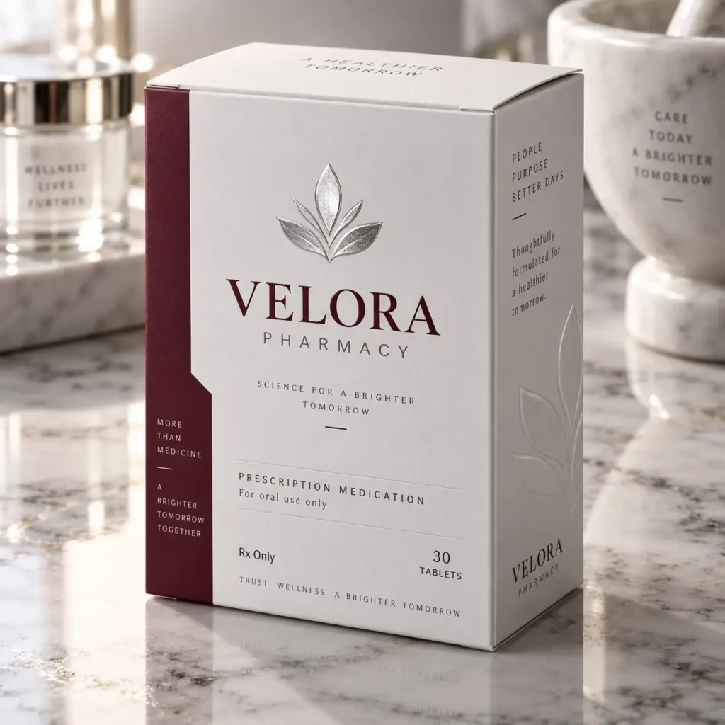 Velora Pharmacy prescription medication box, white and burgundy elegant packaging, 30 tablets, marble surface, luxury pharmaceutical branding