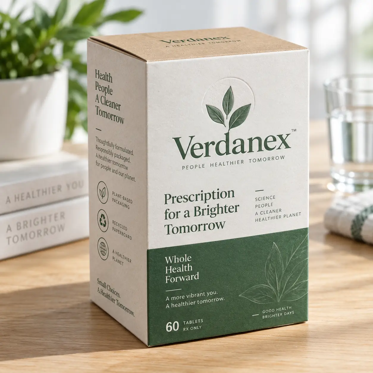 Verdanex prescription tablet box in kraft and forest green, 60 tablets RX only, eco-friendly pharmaceutical packaging design