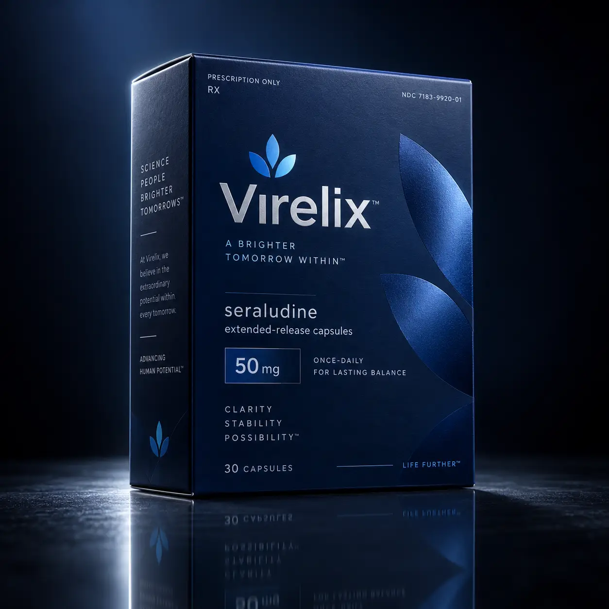 Dark navy pharmaceutical packaging for Virelix seraludine 50mg extended-release capsules, dramatic studio lighting, prescription drug box design
