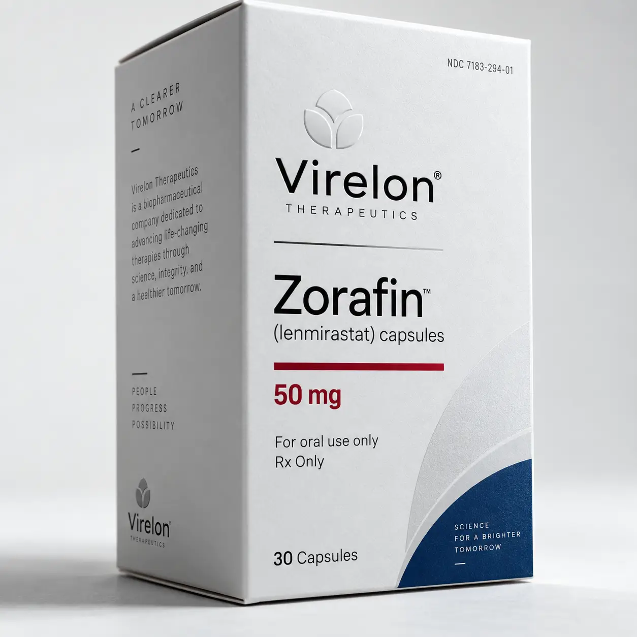 White pharmaceutical box packaging design for Zorafin lenmirastat 50mg capsules by Virelon Therapeutics, navy blue accent