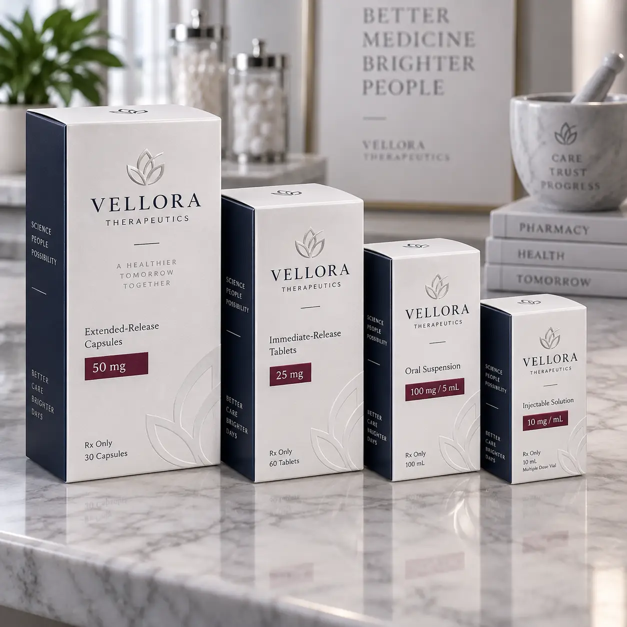Vellora Therapeutics pharmaceutical packaging lineup in navy and white on marble, featuring capsules, tablets, suspension and injectable boxes