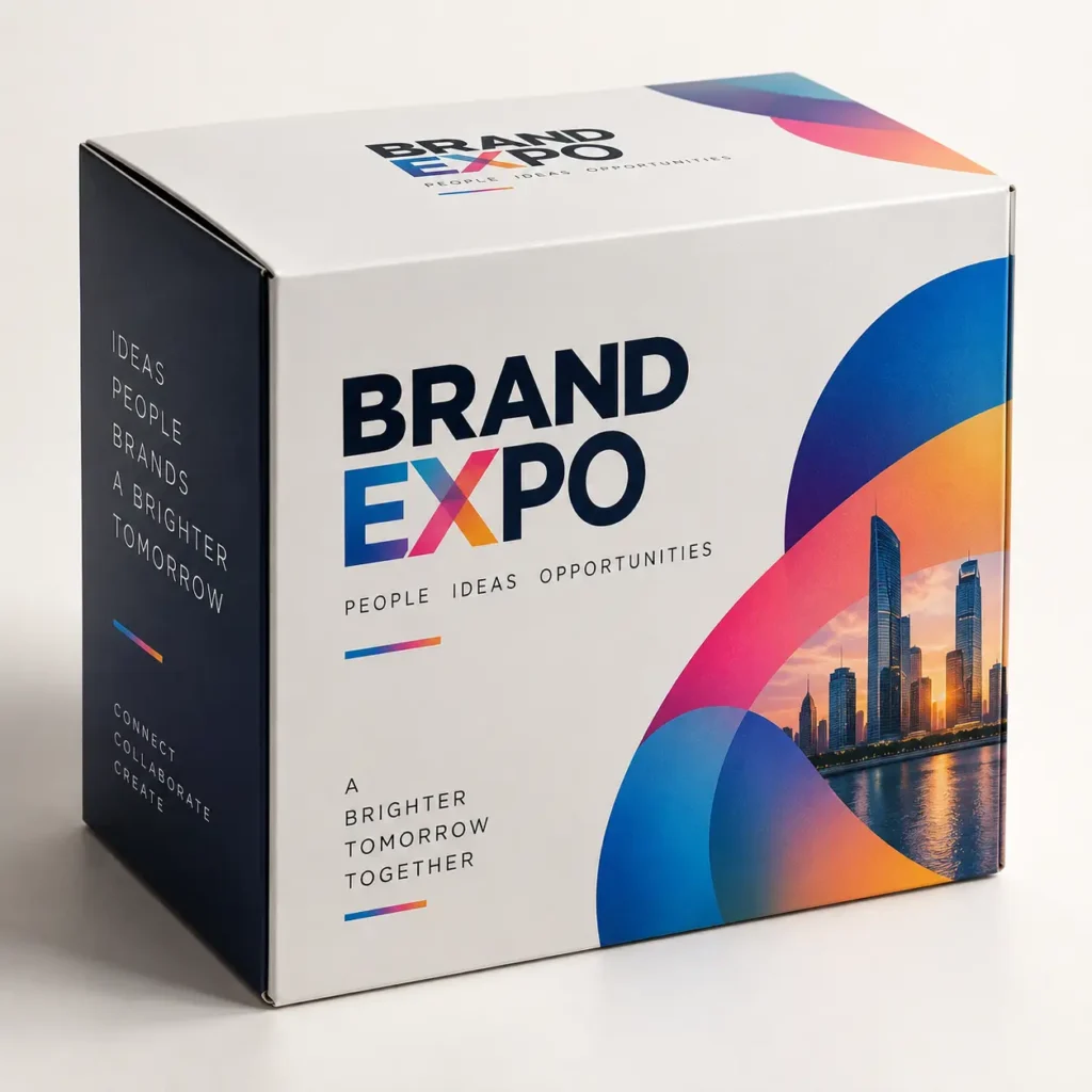 White custom expo box with colorful Brand Expo logo, vibrant gradient swirls, city skyline, bold branding text on premium packaging design