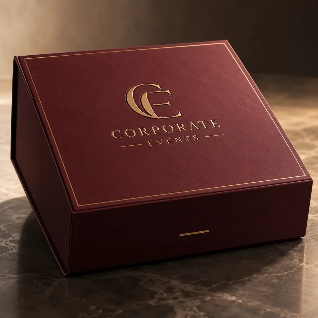 Luxury burgundy magnetic gift box with gold foil Corporate Events logo on marble surface, premium custom event packaging