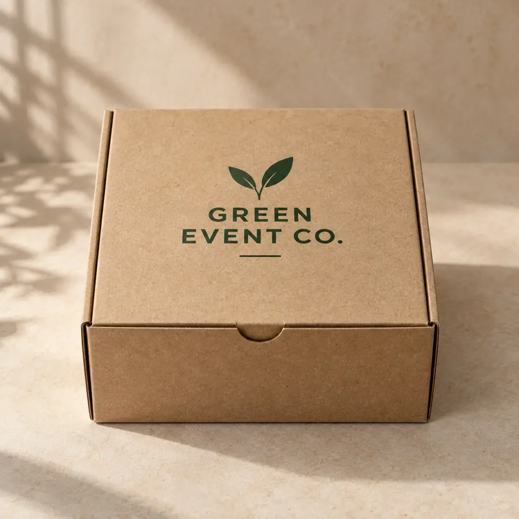 Kraft cardboard eco-friendly custom printed box with green leaf logo reading Green Event Co. on neutral beige background