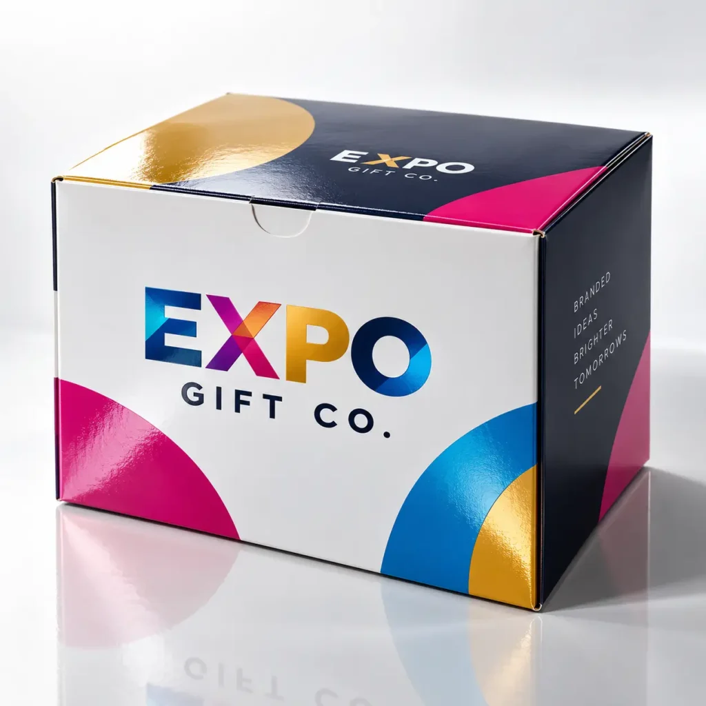 Expo Gift Co branded mailer box with colorful foil pink blue gold design and tagline Branded Ideas Brighter Tomorrows custom packaging