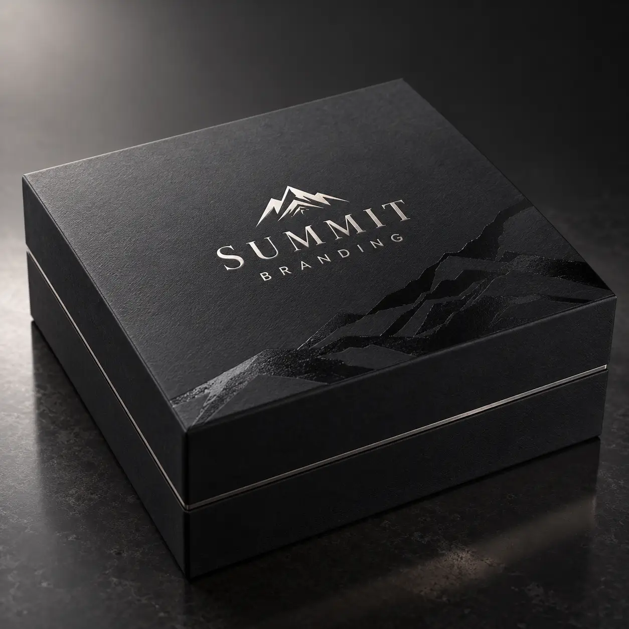 Luxury black rigid gift box with silver foil Summit Branding logo and embossed mountain design, premium custom packaging