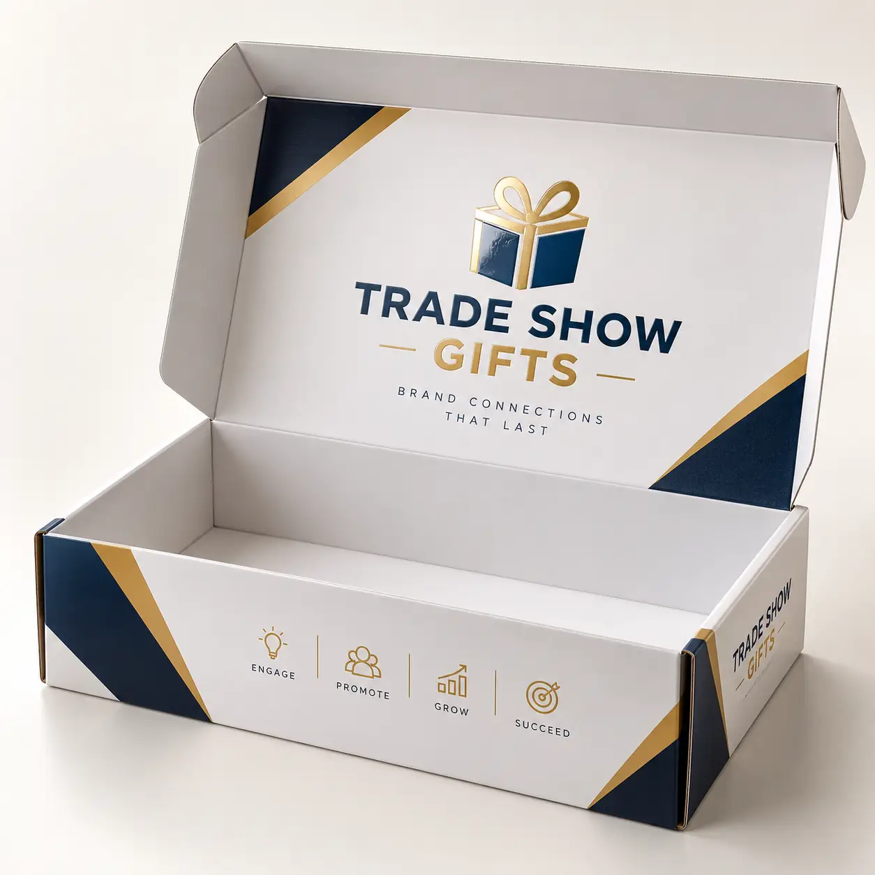 White and navy blue custom trade show gift box with gold accents, open lid displaying branded logo, engage promote grow succeed icons