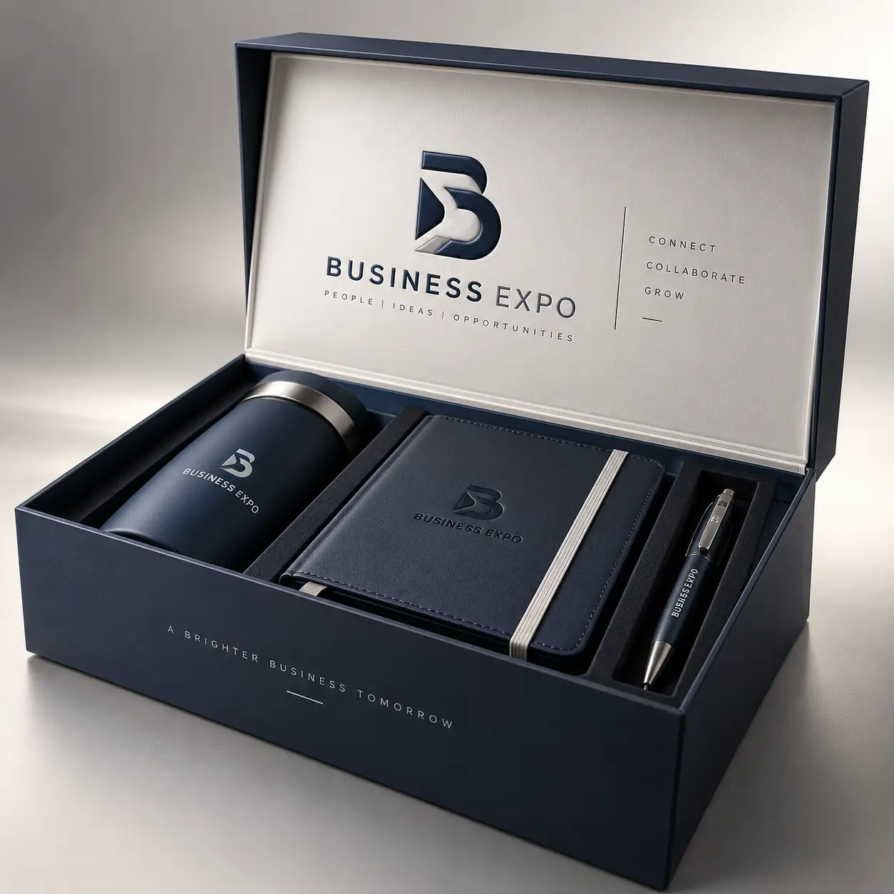 Navy blue Business Expo luxury gift box set with branded tumbler, leather notebook, and pen — premium corporate swag packaging